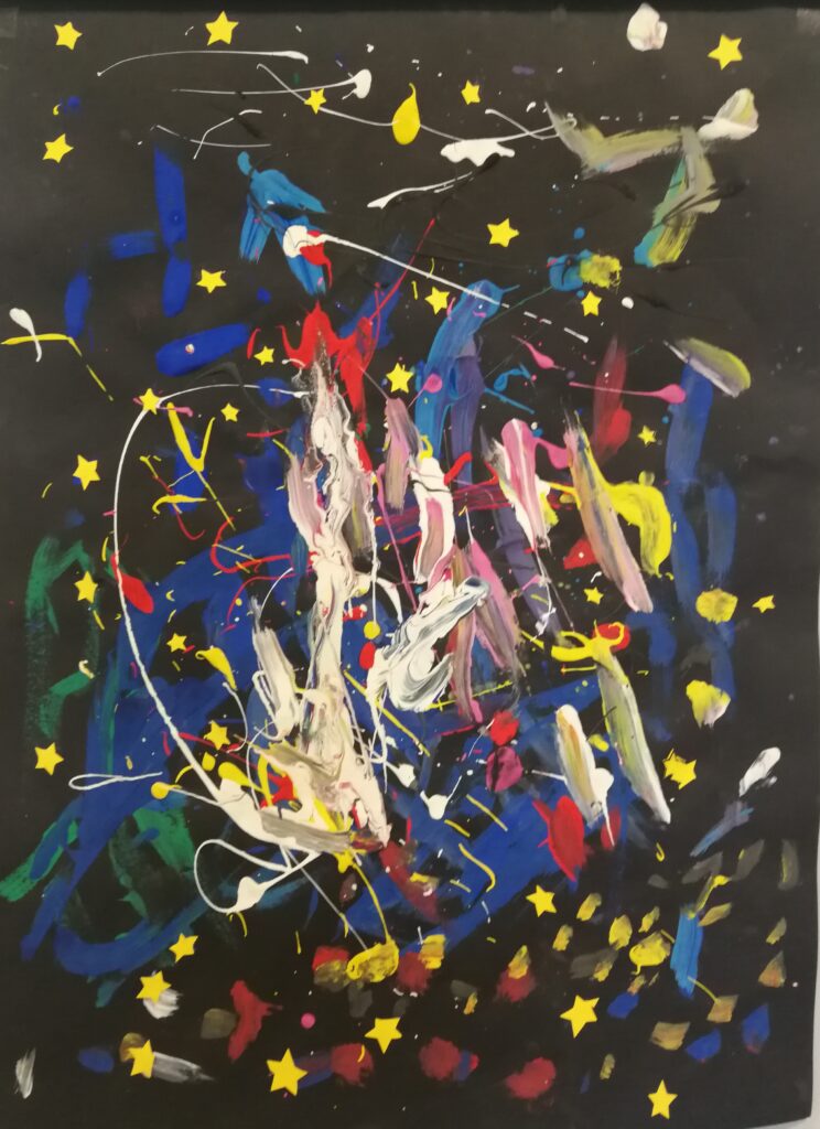 Klasse 4 Abstrakte Kunst nach Jackson Pollock (Teamarbeit)