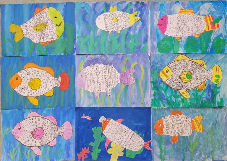 Farbgestaltung mit grafischen Elementen „Leuchtender Fisch“, Kl. 2